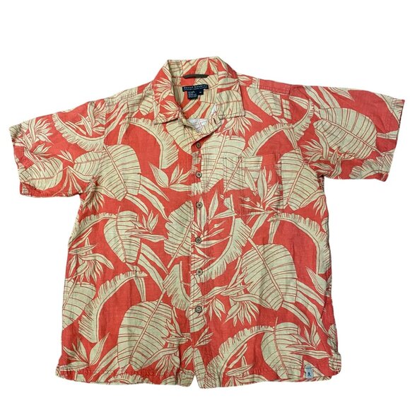 Royal Robbins Hawaiian Aloha M Shirt Bamboo Bird Of Paradise Taro Leaves Orange - Picture 1 of 13